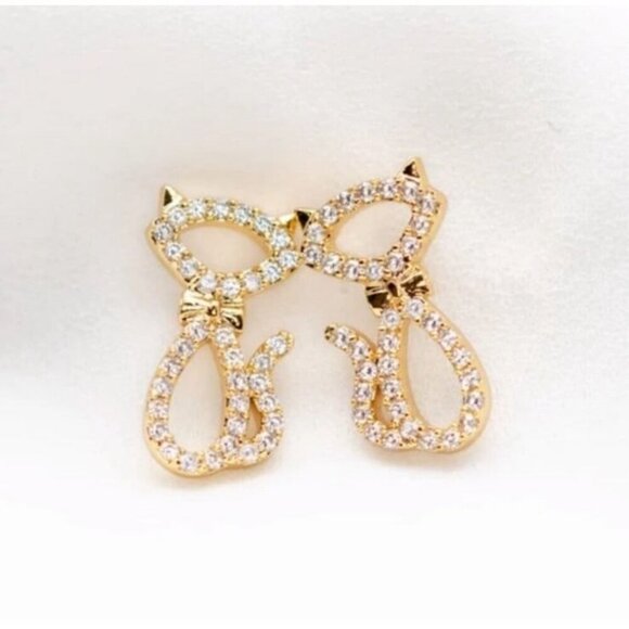 NWT Kate Spade Jazz Things Up Pave Cat Stud Earrings Dainty Kitten 14k Gold - Picture 3 of 5